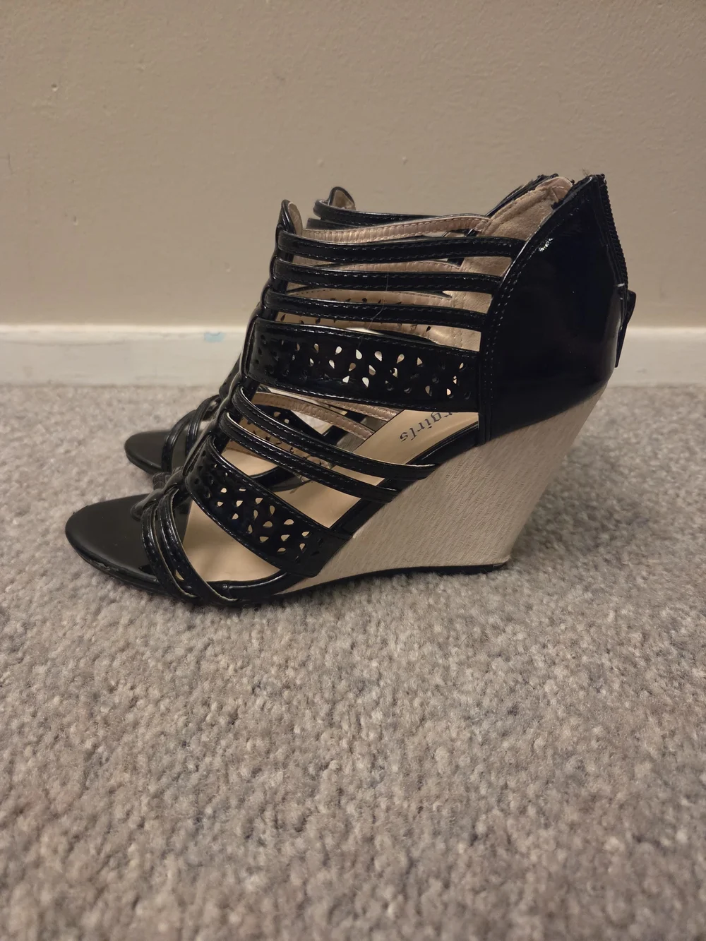 Women's Black Strappy Patent Wedge Sandals